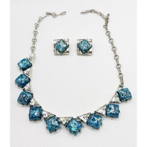 Vintage CORO Baby Blue Lucite Confetti Deco Silver Necklace And Earrings Set